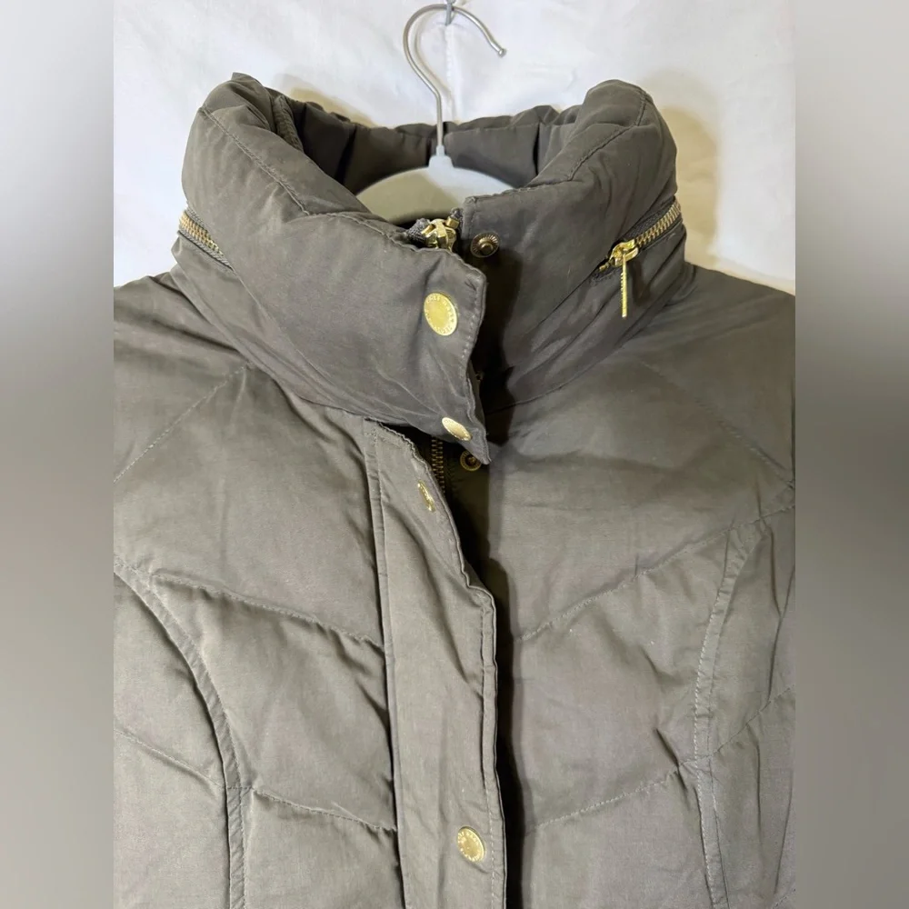 Cole Haan Signature Olive Down Puffer Jacket XS | Gold Zip Hooded‎ Quilted Coat